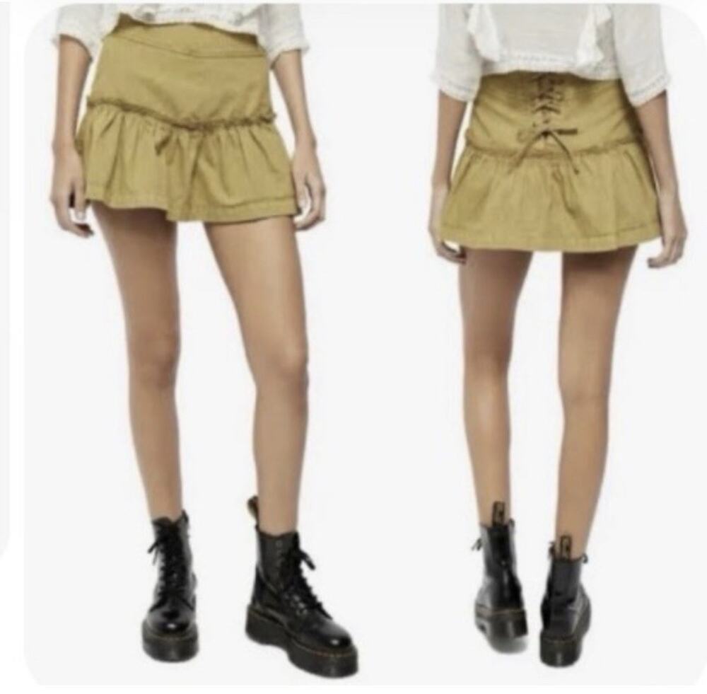Free People Positano Lace Up Mini Skirt Ruffle Green Olive Size 8